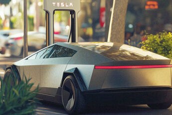 oiture électrique Tesla Cybertruck en charge dans une rue urbaine, design futuriste et anguleux